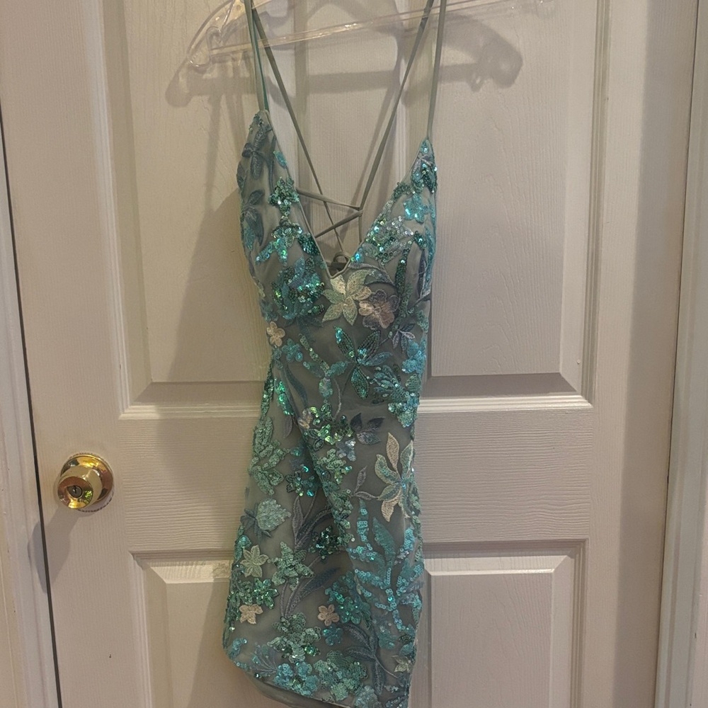 La Femme Teal Floral Sequin Mini Dress